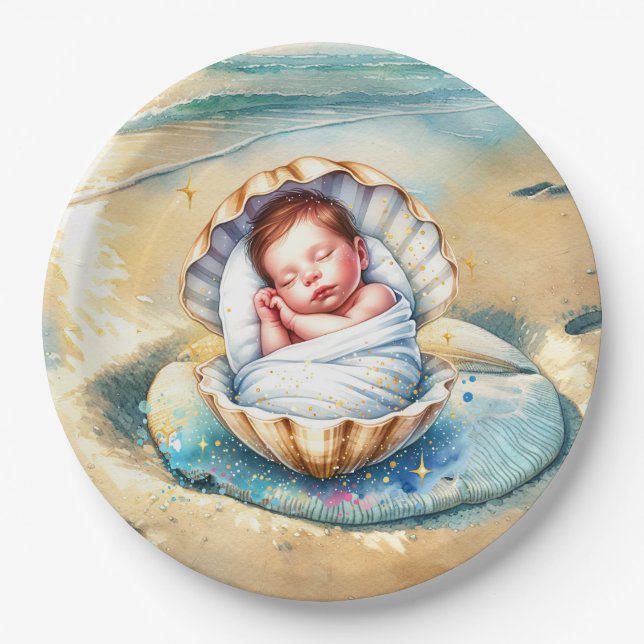 Prato De Papel Castanho e Chá de fraldas Costeiro Azul (Frente)