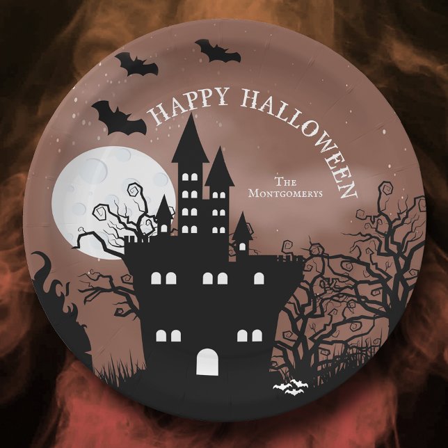 Prato De Papel Castelo Feliz Halloween Haunted (Happy Halloween haunted castle personalized paper plates)