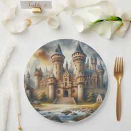 Prato De Papel Castelo Medieval no Sunset com Céu Atmosférico