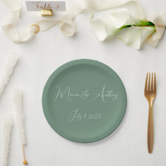 Prato De Papel Casual Sage Verde Simples Esboço Casual Casamento 