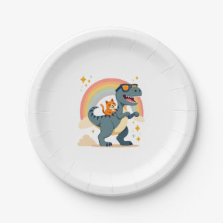 Prato De Papel Cat Riding Dinosaur T-Rex Kitten Rainbow Dino Funn