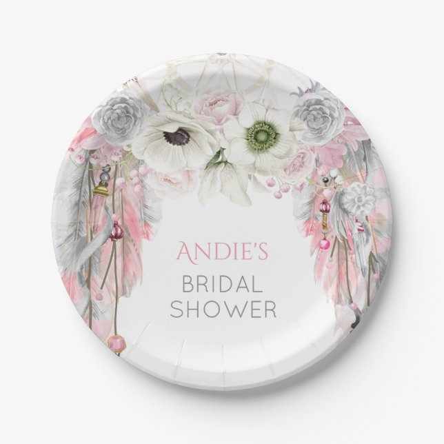 Prato De Papel Catcher de Sonho Boho Rosa Cinza Cristais (Frente)