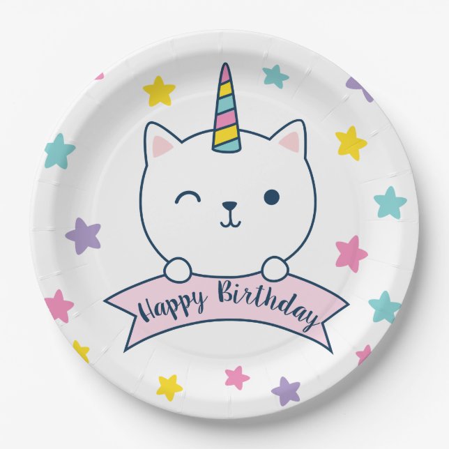 Prato De Papel Caticórnio | Feliz Aniversário (Frente)