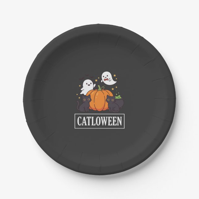Prato De Papel Catloween Design Divertido de Gato Fantasma de Hal (Frente)