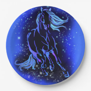 Prato De Papel Cavalo Azul Neon Correndo À Lua À Noite Estrelad