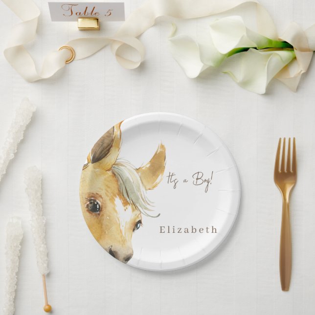 Prato De Papel Cavalo Bonito É Chá de fraldas Branco (Casamento)