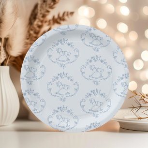 Prato De Papel Cavalo de balanço vintage Toile Azul chá de bebê