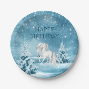 Prato De Papel Cavalo em Noite de Neve e Inverno Feliz Aniversári