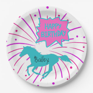 Prato De Papel Cavalo Feliz Aniversário Rosa Turquesa Roxo 