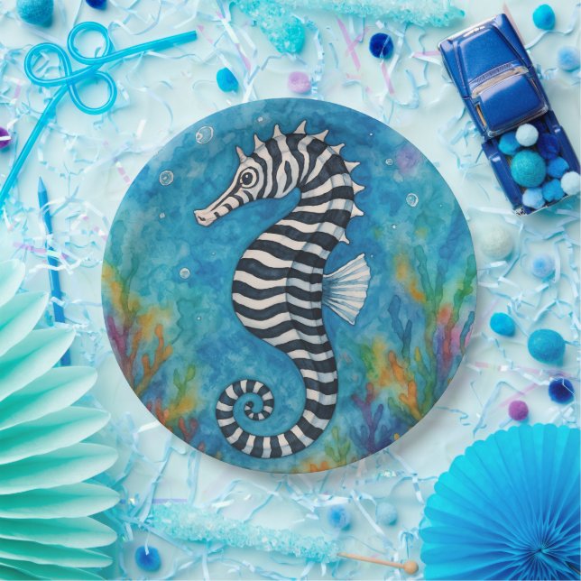 Prato De Papel Cavalo-marinho Zebra em Aquarela (Festa)