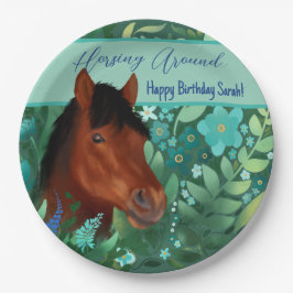 Prato De Papel Cavalo Marrom Do Lover Da Flor Em Torno Do Cavalo
