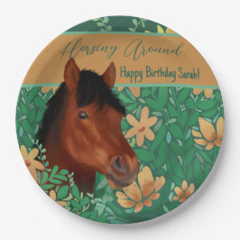 Prato De Papel Cavalo Marrom Do Lover Da Flor Em Torno Do Cavalo