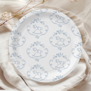 Prato De Papel Cavalo mecedor vintage Toile de Jouy chá de bebê
