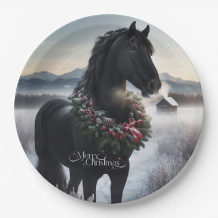 Prato De Papel Cavalo negro na neve com coroa de Natal