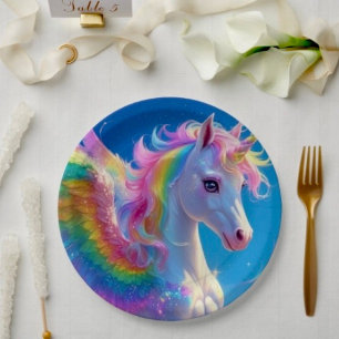 Prato De Papel Cavalo Unicórnio Saltitante com Asas de Arco-íris 