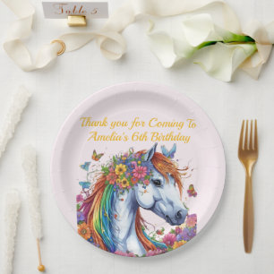 Prato De Papel Cavalo Whimsso Rainbow Floral Equestre Aniversário