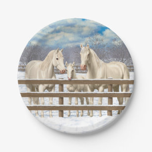 Prato De Papel Cavalos Do Quarto Branco Na Neve