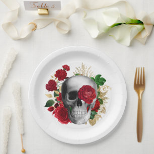 Prato De Papel Caveira do gótico com Flores Vermelhas e Folhas Do