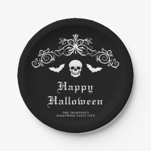 Prato De Papel Caveira e Morcegos Gótico Feliz Halloween Preto