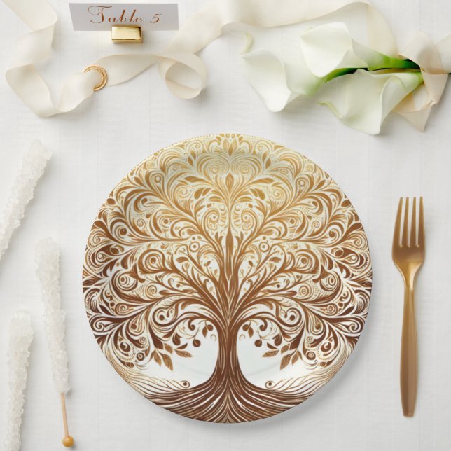 Prato De Papel Celebração da Árvore da Vida em Ouro Elegante (Casamento)