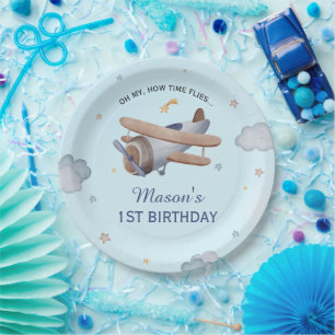 Prato De Papel Celebração de 1º Aniversário Avião Antigo Azul