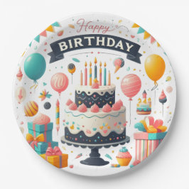 Prato De Papel Celebração de aniversário alegre Bolo e Balões