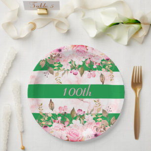 Prato De Papel Celebração de Aniversário Greve Rosa Verde Floral