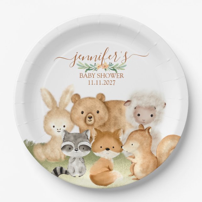 Prato De Papel Celebração de Bebê Animais da Floresta Terrosa (Frente)