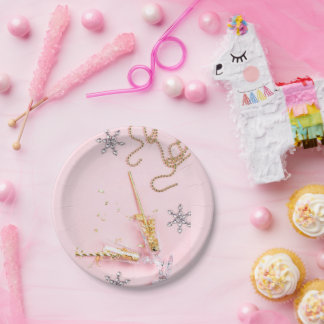 Prato De Papel Celebração de Champanhe Rosa e Dourado Elegante