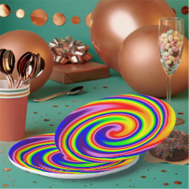 Prato De Papel Celebração de Cores de Arco-íris em Espiral com Fo