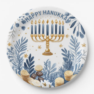 Prato De Papel Celebração do Hanukkah em Aquarela