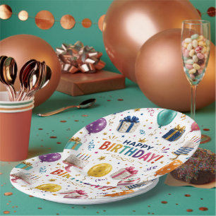 Prato De Papel Celebração Redonda de Aniversário Colorida e Alegr