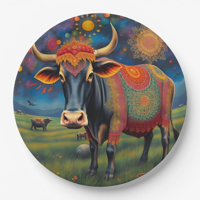 Prato De Papel Celebrar Diwali com vacas sagradas em disfarce (Frente)