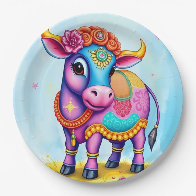 Prato De Papel Celebrar Diwali com vacas sagradas em disfarce (Frente)