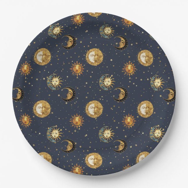 Prato De Papel Celestial Sun & Moon Gold Starry Night Pattern (2) (Frente)