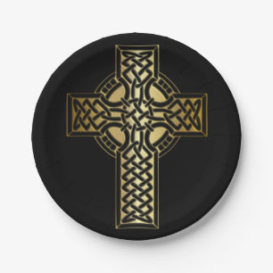 Prato De Papel Celtic Knot Cross em Dourado e preto
