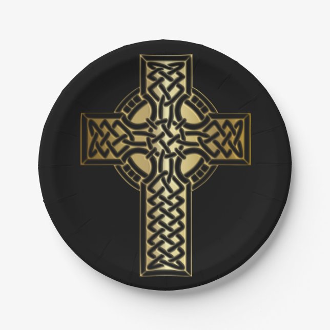 Prato De Papel Celtic Knot Cross em Dourado e preto (Frente)