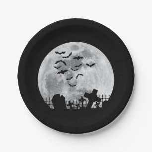 Prato De Papel Cemitério de lua cheia de Halloween Cemitério de c