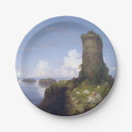 Prato De Papel Cena Costeira Italiana com Torre Arruinada