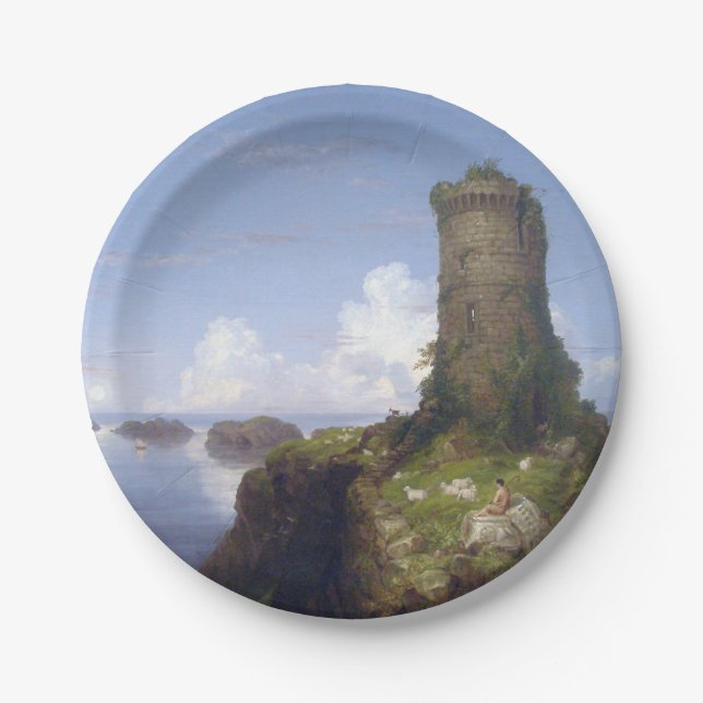 Prato De Papel Cena Costeira Italiana com Torre Arruinada (Frente)