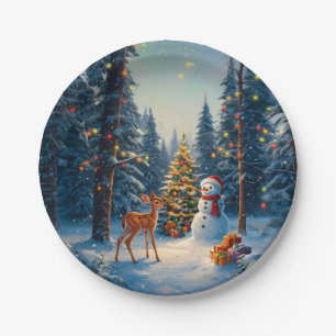Prato De Papel Cena da Árvore de Natal Fofo Deer Fawn Snowman