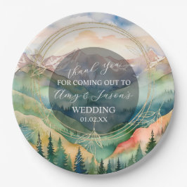 Prato De Papel Cena de aquarela de montanha Casamento de destino