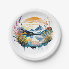 Prato De Papel Cena de montanha em aquarela