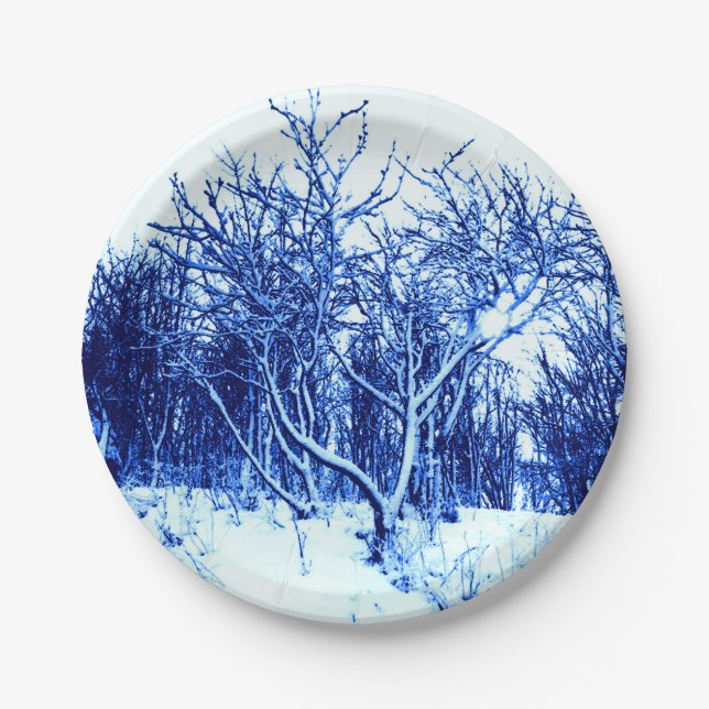 Prato De Papel Cena de Neve e Árvores, Azul Cobalto (Frente)
