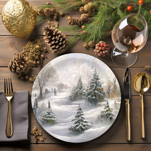 Prato De Papel Cena de paisagem de floresta de inverno feliz Nata
