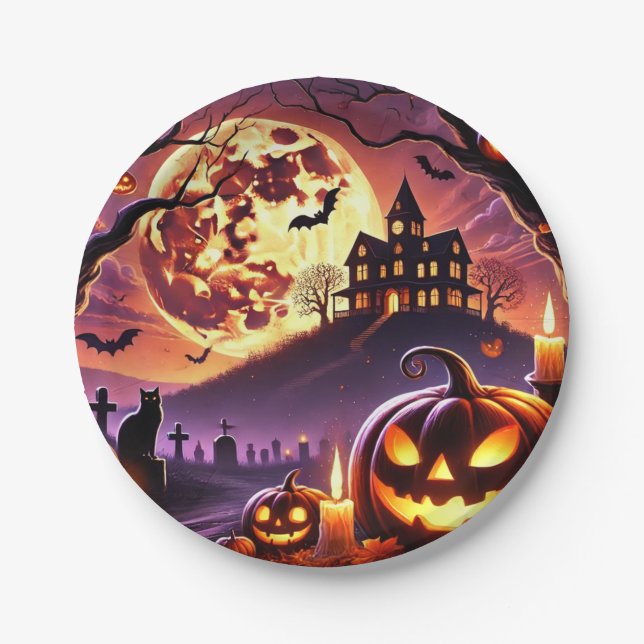 Prato De Papel Cena Noturna Mágica do Halloween 🎃 🎃 🎃 🎃 (Frente)