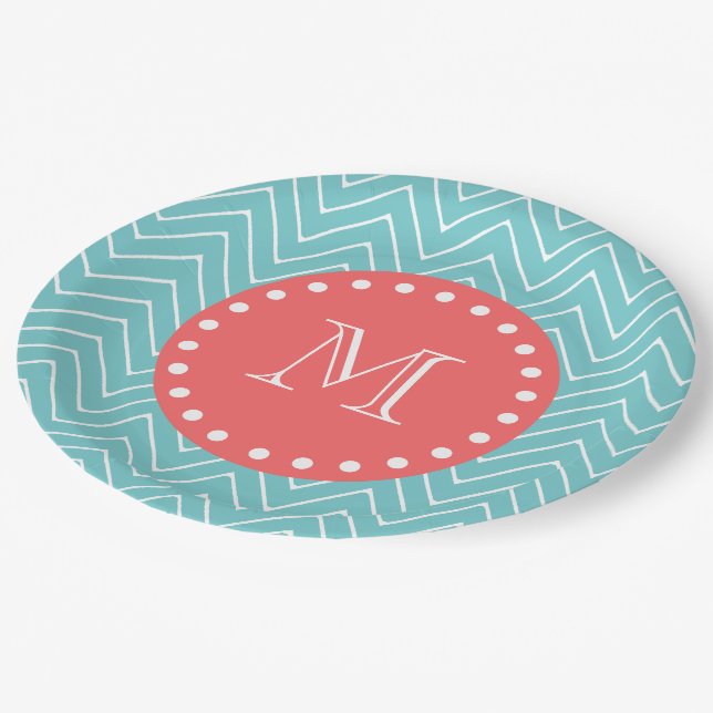 Prato De Papel Cerceta e Chevron coral com monograma feito sob (Inclinado)