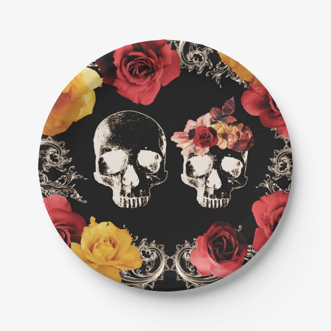 Prato De Papel Cérebro Esqueleto Vermelho Amarelo Outono Floral C (Frente)