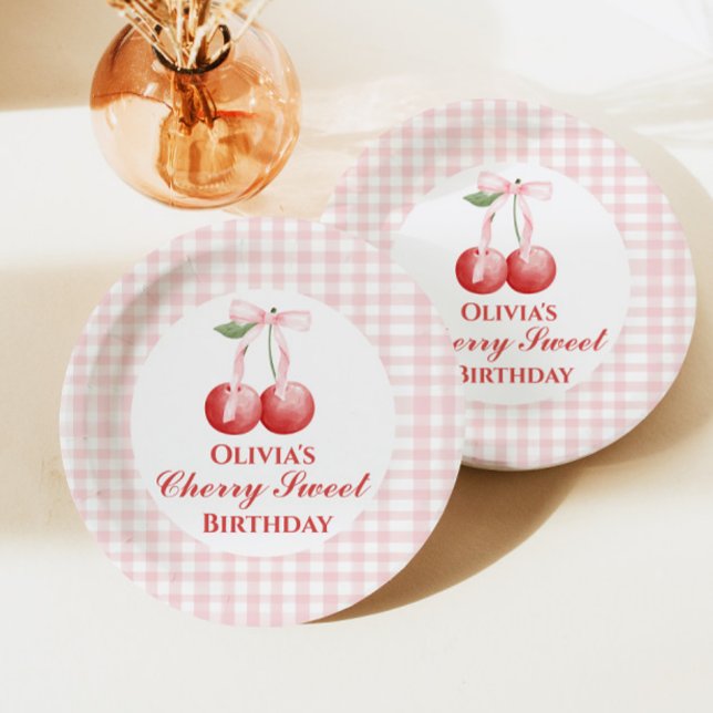 Prato De Papel Cereja Doce aniversário Laço Rosa Xadrez (Criador carregado)