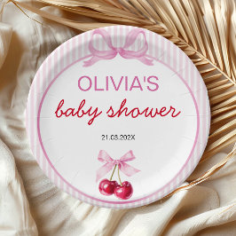 Prato De Papel Cereja no Topo Rosa Coquette Baby Shower
